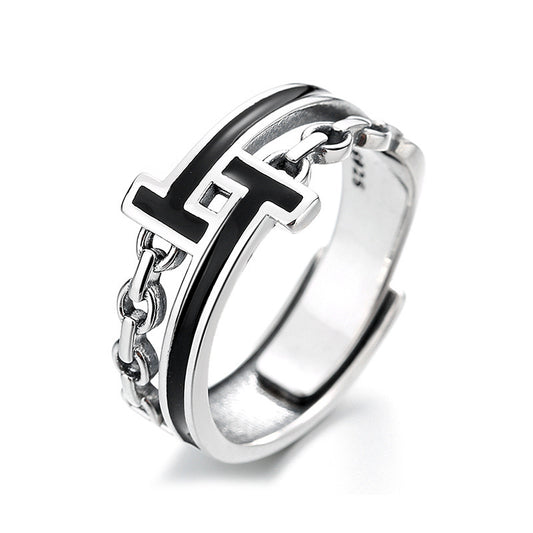 925 Sterling Silver black white T letter chain ring